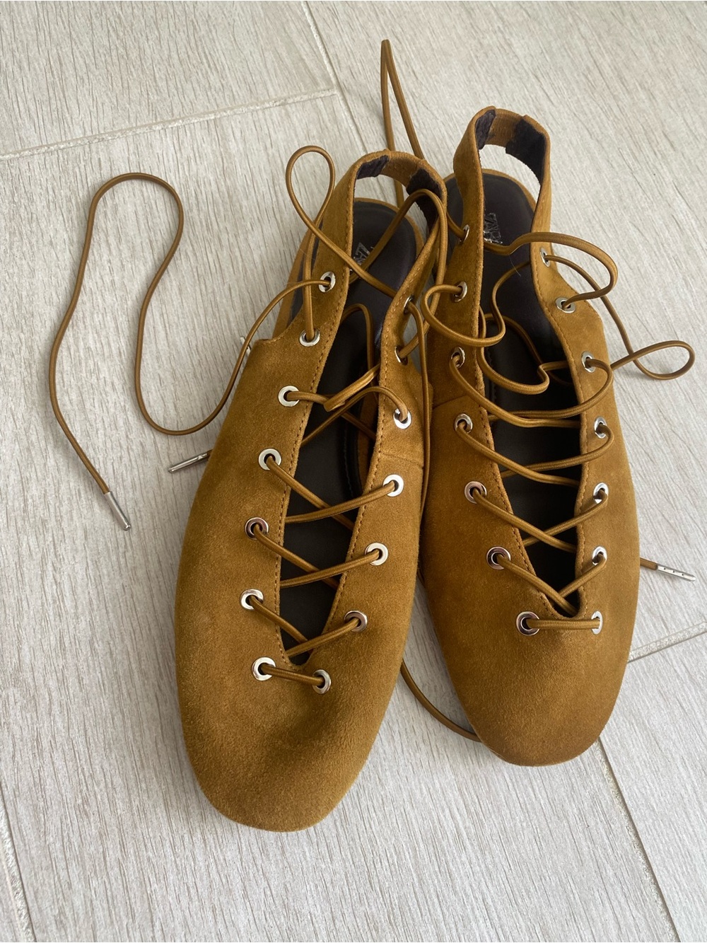Zara Brown Suede Lace-Up Flat with Ankle Wrap